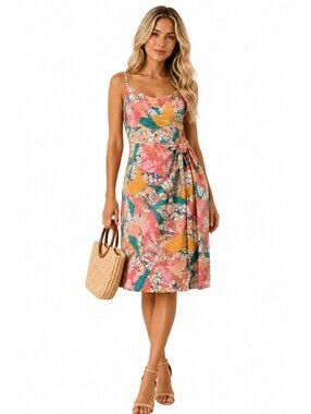 Nine West Tropical Abstract Tie Waist Sundress Sleeveless Dress Size Small